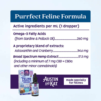 Bottle of Austin and Kat CBD Oil for Cats, feline-themed packaging, showcasing the CBD oil for feline wellness.