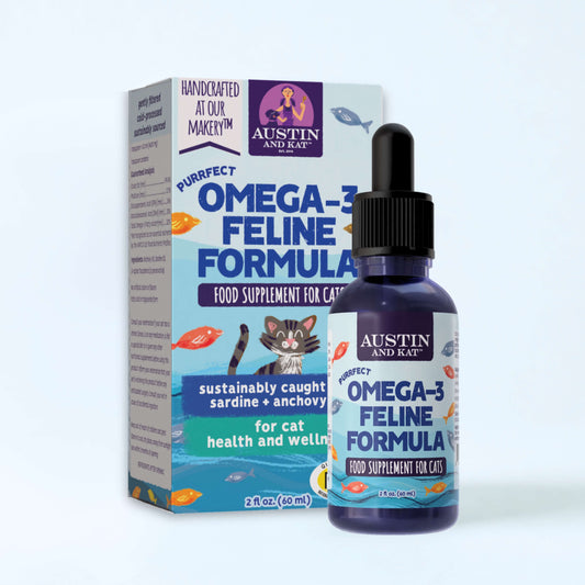 Austin and Kat Omega-3 Feline Oil in a bottle, showing the supplement for cats with healthy omega-3 fatty acids.