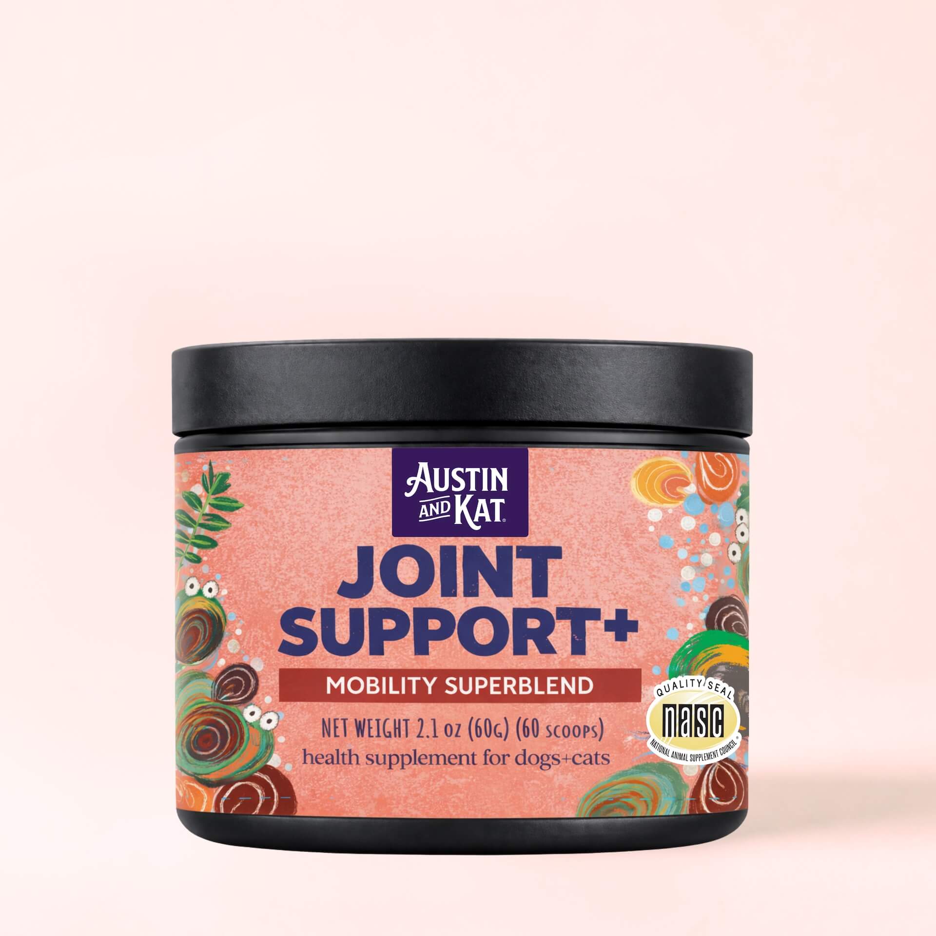 Austin and Kat Joint Support+ powder in a jar, showcasing the supplement's natural ingredients for hip joint health.