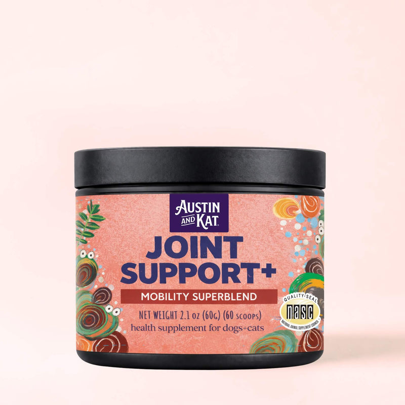 Austin and Kat Joint Support+ powder in a jar, showcasing the supplement's natural ingredients for hip joint health.