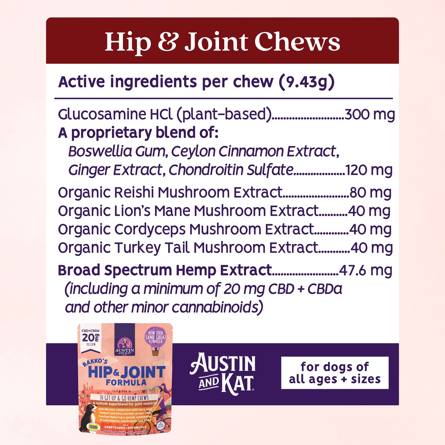 Austin and Kat Hip and Joint Chew, functional hemp bites for joint support, with visible hemp ingredients and a natural treat appearance.