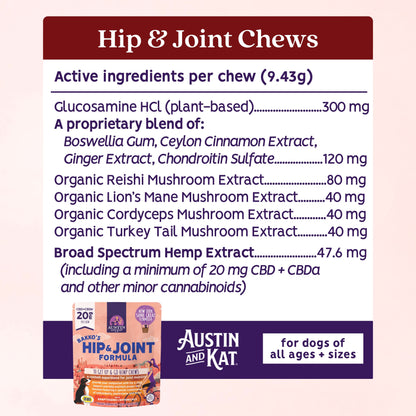 Austin and Kat Hip and Joint Chew, functional hemp bites for joint support, with visible hemp ingredients and a natural treat appearance.