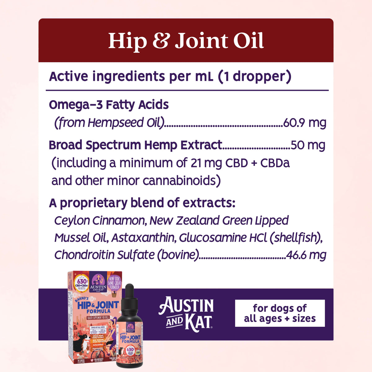 Bottle of Austin and Kat Hip and Joint Oil with dropper, natural supplement for joint and hip support.