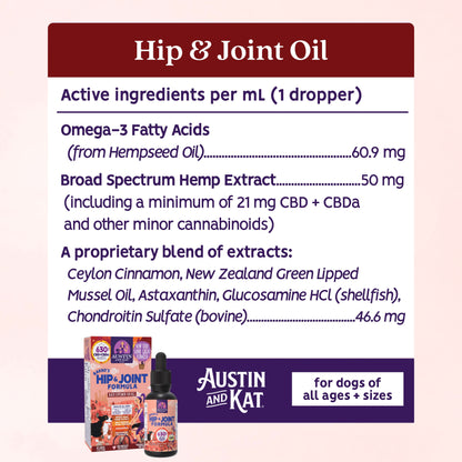 Bottle of Austin and Kat Hip and Joint Oil with dropper, natural supplement for joint and hip support.