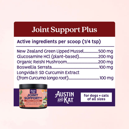 Austin and Kat Joint Support+ powder for hip joints, showing the supplement container and powder inside.