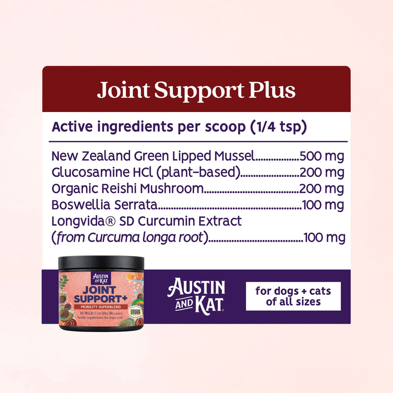 Austin and Kat Joint Support+ powder for hip joints, showing the supplement container and powder inside.