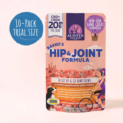 Austin and Kat hip and joint chew for dogs, showing a tasty, durable chew designed to support joint health and mobility.