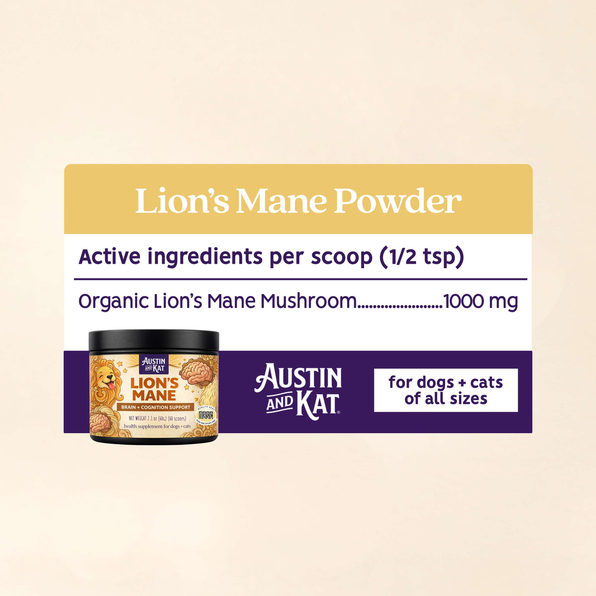 Austin and Kat Lion's Mane Mushroom powder in a jar, showing the light-colored mushroom powder inside