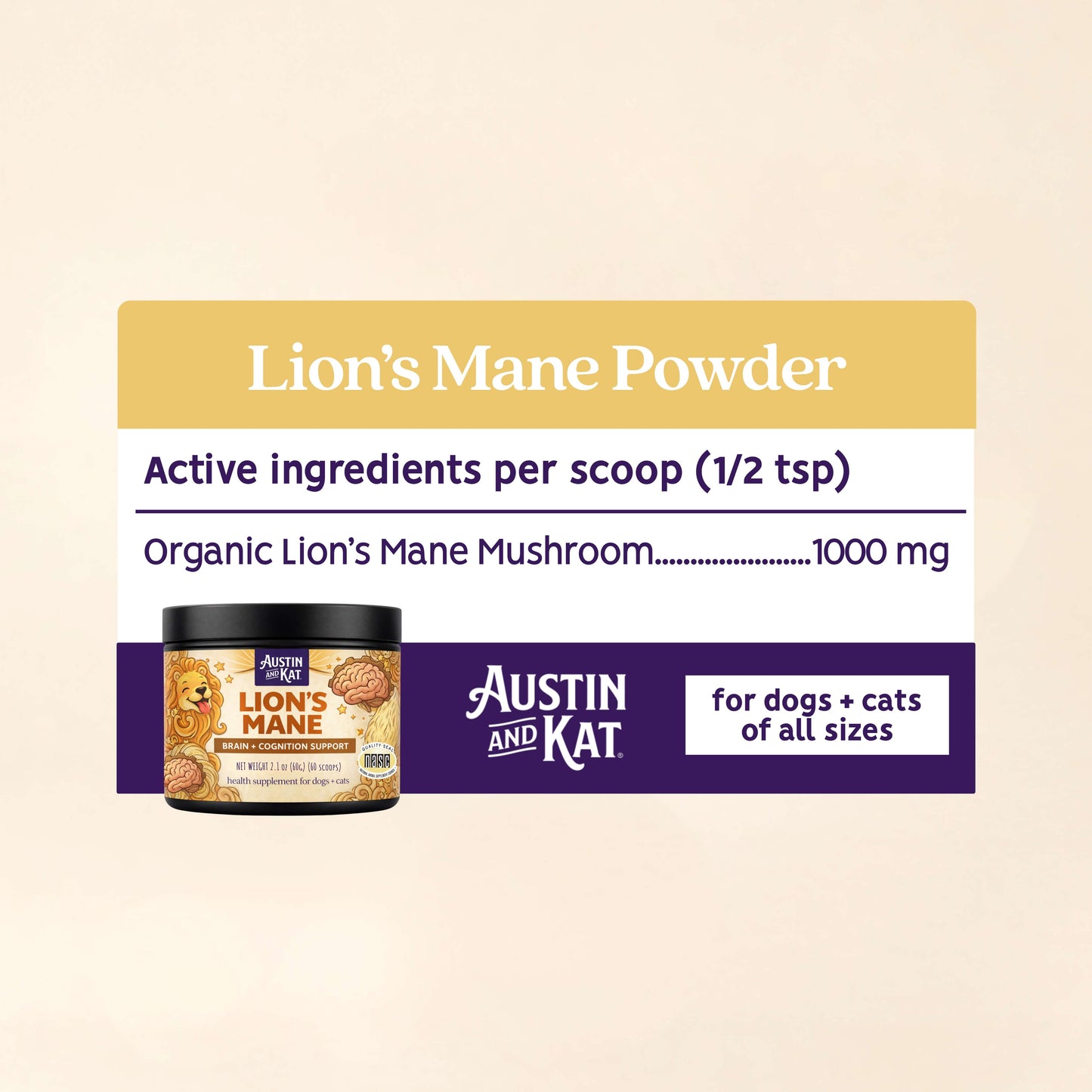 Austin and Kat Lion's Mane Mushroom powder in a jar, showing the light-colored mushroom powder inside