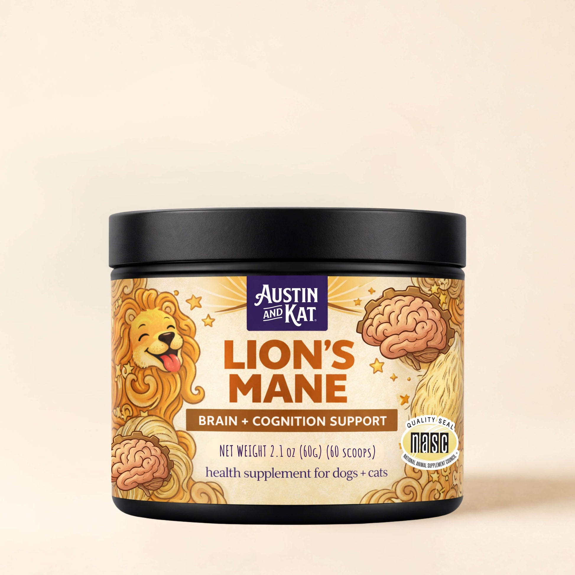 Austin and Kat Lion's Mane Mushroom supplement topper in a jar, showcasing the natural mushroom pieces and packaging.