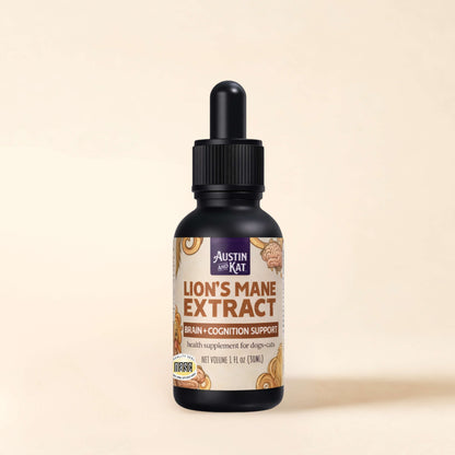 Austin and Kat Lion's Mane Extract tincture bottle with label, showcasing the herbal supplement for cognitive health.