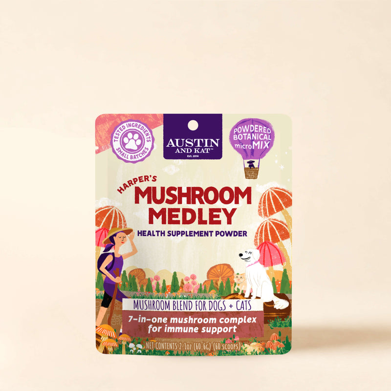 Austin and Kat Mushroom Immunity supplement toppers in a jar with mushroom slices, promoting immune support and health.