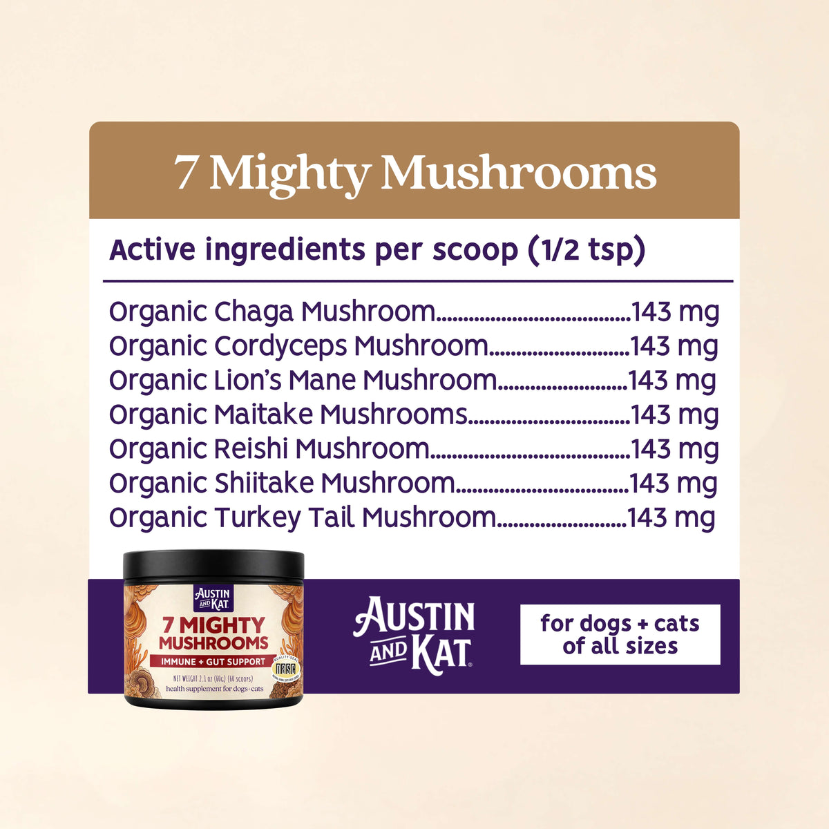 Australian and Kat 7 Mighty Mushrooms supplement toppers with mushroom powder in a clear jar, showcasing the natural mushroom blend.