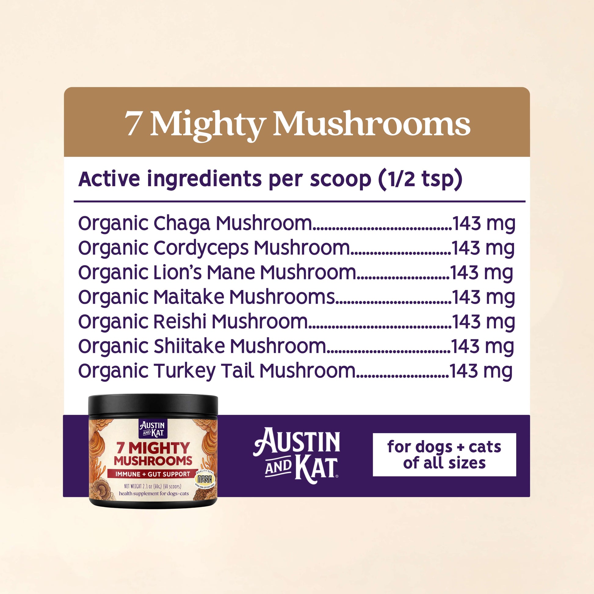 Jar of Austin and Kat 7 Mighty Mushrooms powder showing fresh mushroom blend with vibrant colors and natural texture.