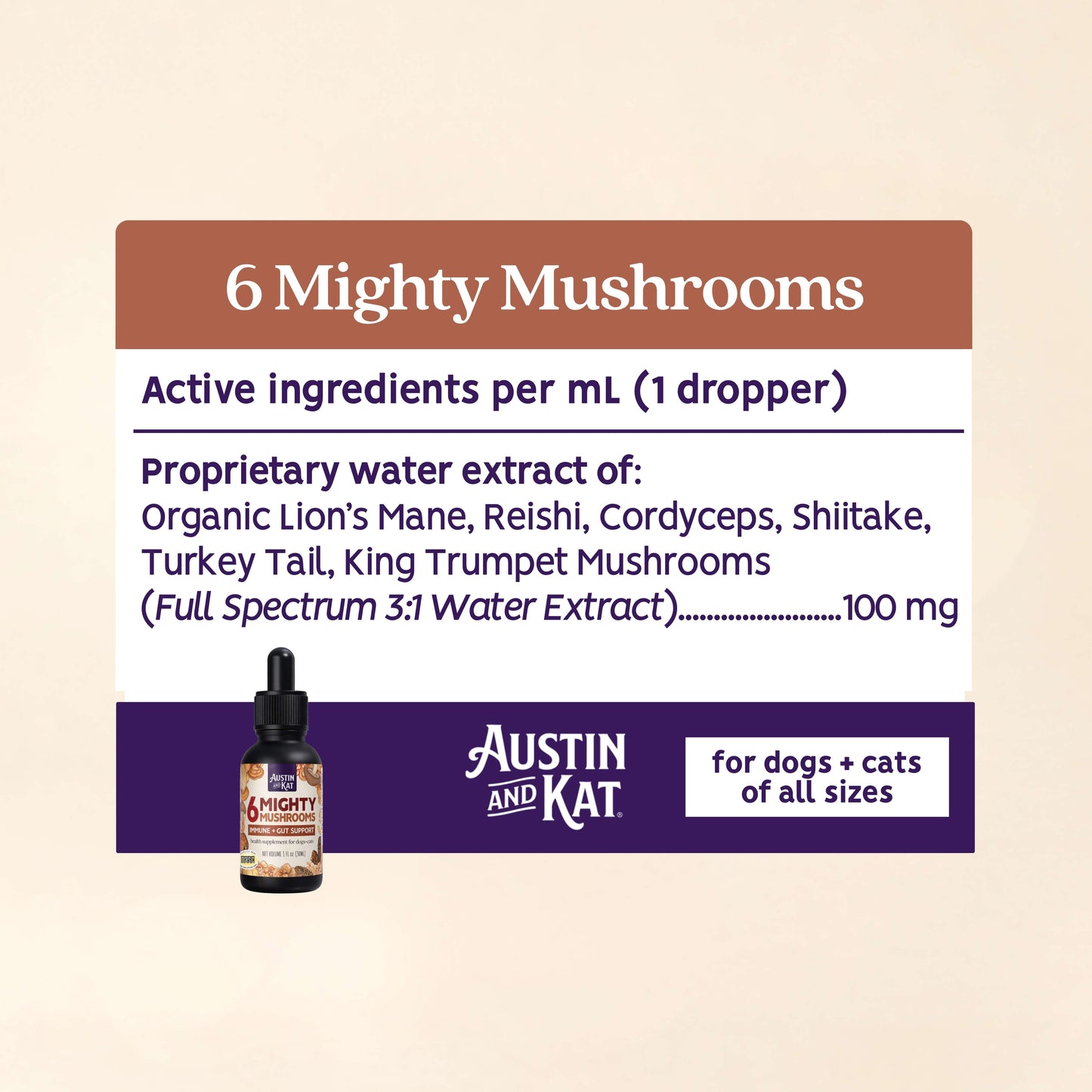 Six Mighty Mushrooms tinctures in glass bottles from Austin and Kat, featuring colorful mushroom illustrations on the labels.