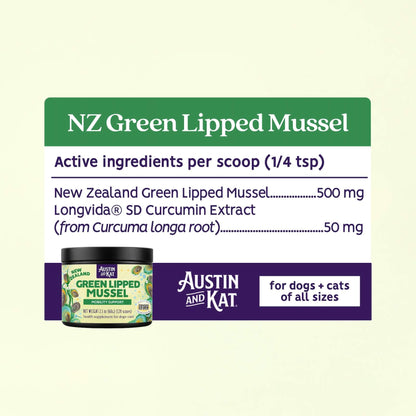 Green Mussel and Turmeric powder from Austin and Kat, showing a jar of dietary supplement powder on a wooden surface.