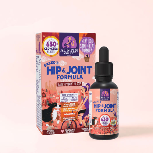 Austin and Kat Hip and Joint Oil bottle with functional oil containing 450 mg, designed to support joint health and mobility.