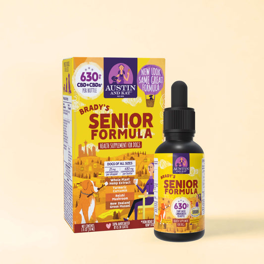 Bottle of Austin and Kat Senior Formula Oil with 450 mg functional oil, featuring natural ingredients and a clear label.