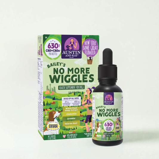 Austin and Kat No More Wiggles Oil bottle showing 450 mg functional oil for digestive support in a clear glass bottle with dropper