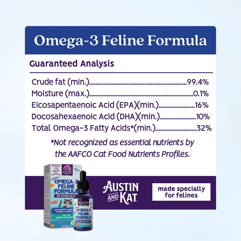 Bottle of Austin and Kat Omega-3 Feline Formula with fish oil capsules for cat health and shiny coat.