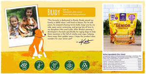 Real life inspiration for this super senior dog supporting hemp and botanical formula - Austin and Kat founder’s Duck-tolling retriever, Brady, and daughters pictured. Developed to specifically support aging dogs to help maintain a life of vitality and vigor and allow your dog to enjoy their golden years. Icons: 3rd party tested, effective dosing, female-founded, clean ingredients, high active ingredients.