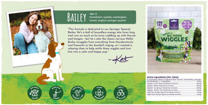 Real life inspiration for this calming botanical and CBD soft chew formula - Springer Spaniel Bailey and Austin and Kat founder’s daughter in image. With text describing formula creation: 'a relaxing chew to help settle those wiggles and support a calm and happy pup.' Soothing botanical formulation of premium hemp extract and helpful botanicals including lavender and lion’s mane mushroom. Icons: 3rd party tested, effective dosing, female-founded, clean ingredients, high active ingredients.