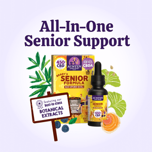 Austin and Kat CBD Oil for Senior Dogs combines best in class botanical extracts with minimally processed whole plant hemp extract, rich in CBD + CBDA, for all-in-one senior support.