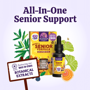 Austin and Kat CBD Oil for Senior Dogs combines best in class botanical extracts with minimally processed whole plant hemp extract, rich in CBD + CBDA, for all-in-one senior support.