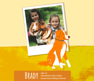 Real life inspiration for this super senior dog supporting hemp and botanical formula - Austin and Kat founder’s Duck-tolling retriever, Brady, and daughters pictured. 