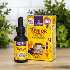 Austin and Kat's Senior Dog CBD Oil - Designed for Dogs 6 and Older. Promote long-term health and wellness with science-backed botanicals that support cognition, eye health, immunity, and circulation in your senior companion.