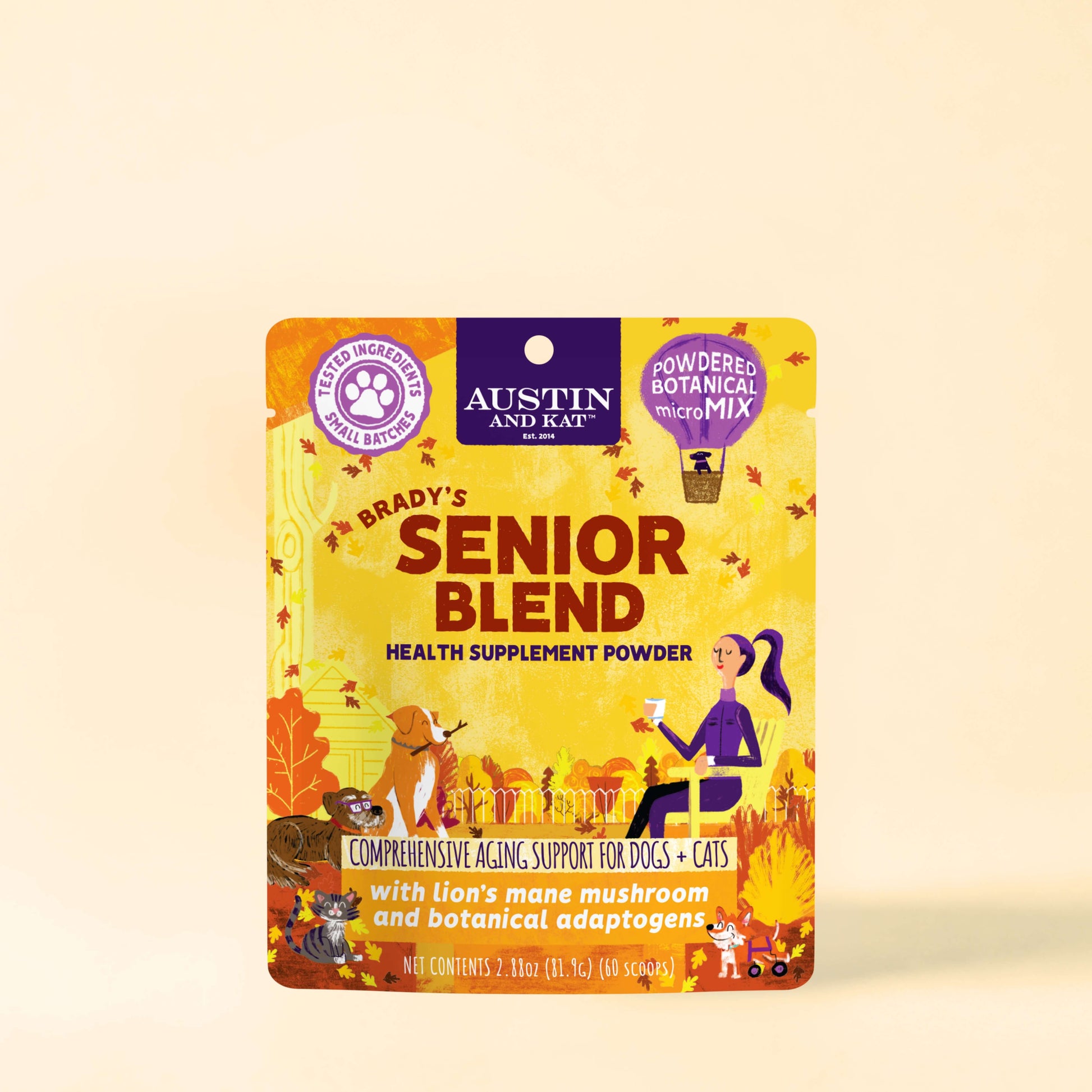 Austin and Kat Senior Support Powder supplement toppers for dogs, featuring a jar of powder with a scoop and dog treats nearby.