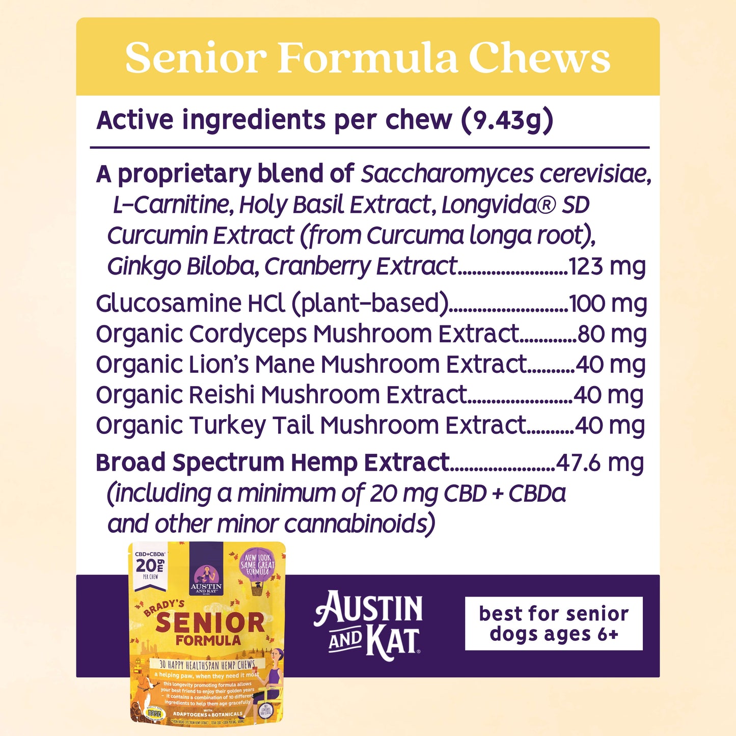 Austin and Kat Senior Blend Chew for older dogs, natural dog treat with a tasty, chewable texture to support senior pets.