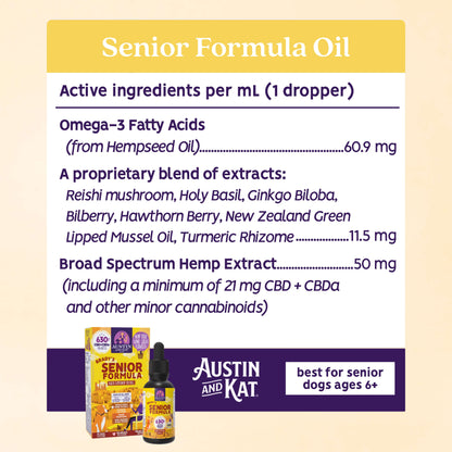 Bottle of Austin and Kat Senior Formula Oil, a nourishing oil for mature skin with natural ingredients.