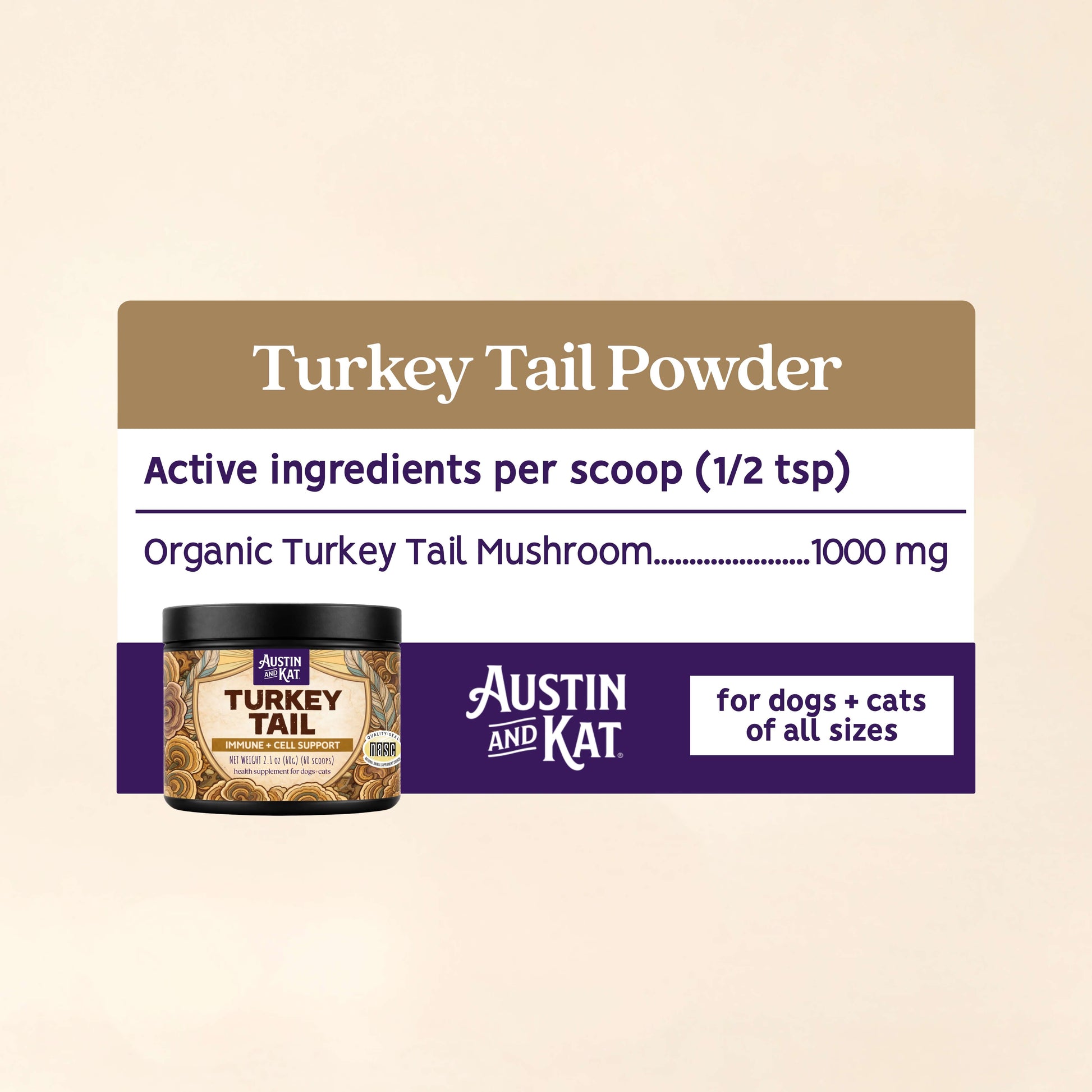 Organic turkey tail mushroom powder from Austin and Kat, showing fine, earthy brown mushroom powder in a clear container.