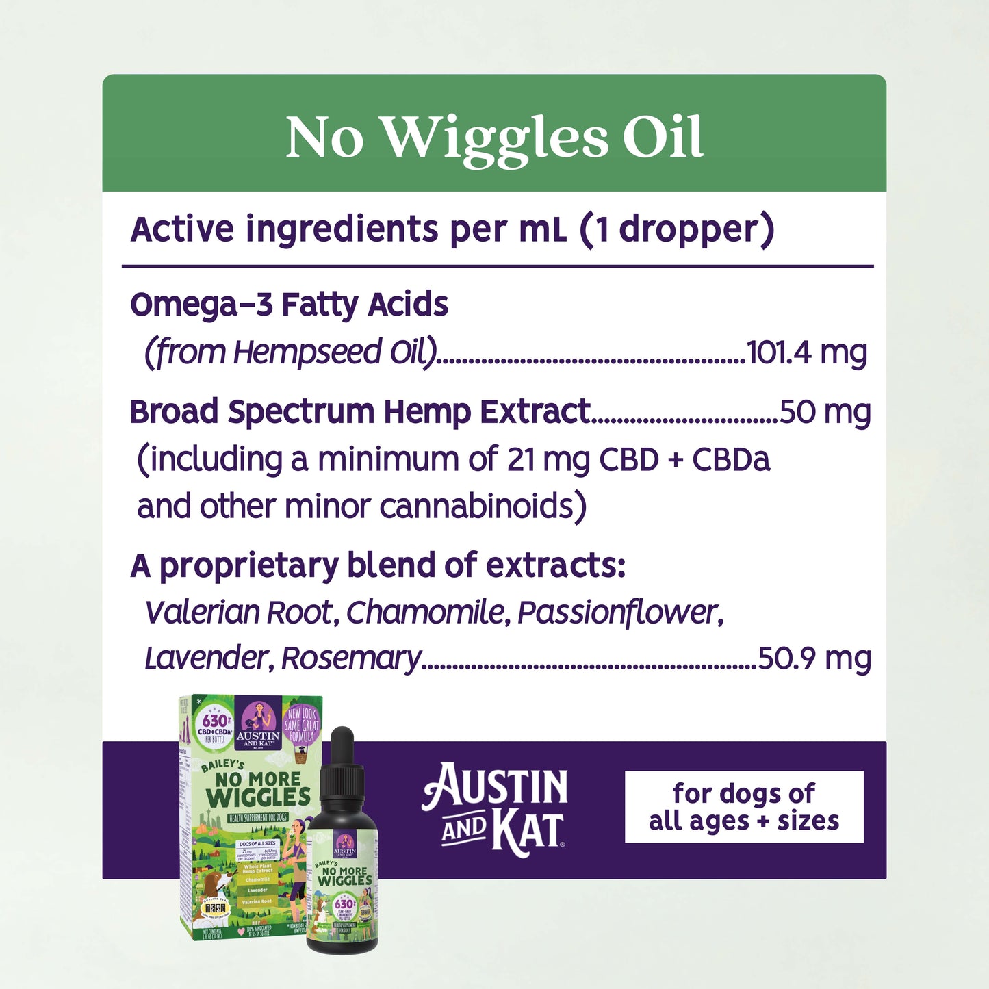 Austin and Kat No More Wiggles Oil bottle, natural herbal oil for calming and soothing discomfort.