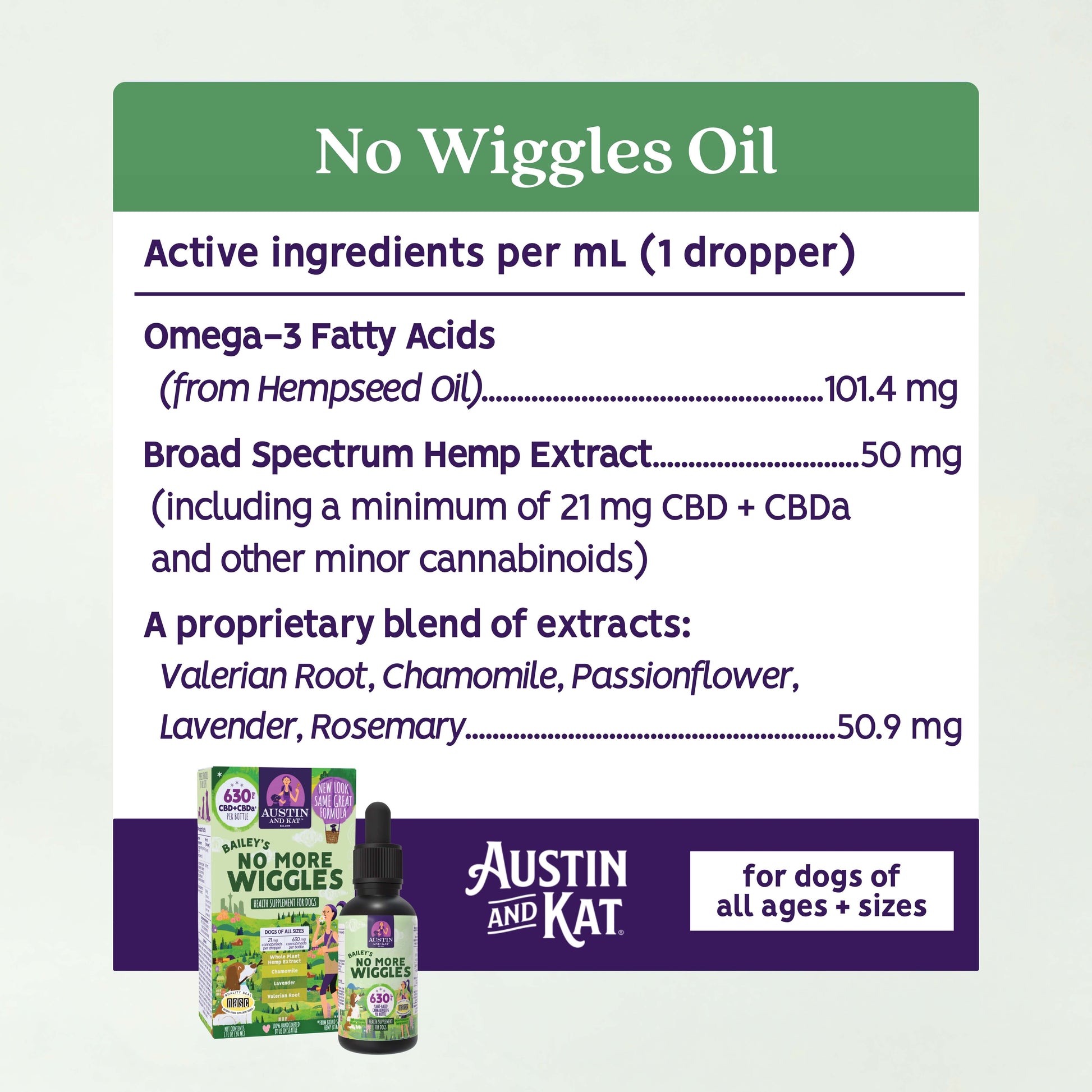 Austin and Kat No More Wiggles Oil bottle, natural herbal oil for calming and soothing discomfort.