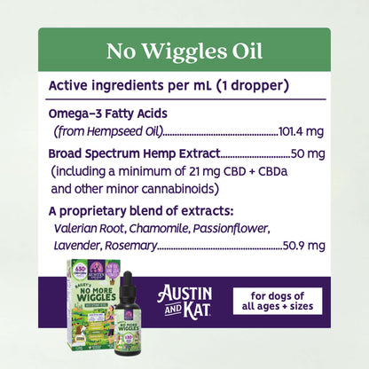 Austin and Kat No More Wiggles Oil bottle, natural herbal oil for calming and soothing discomfort.