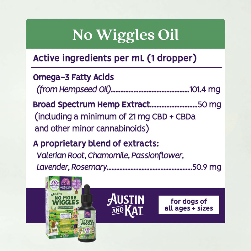 Austin and Kat No More Wiggles Oil bottle, natural herbal oil for calming and soothing discomfort.